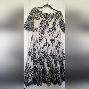 Eliza J Blue & Cream Lace w/ Rhinestone Belt Women’s Dress Size 14